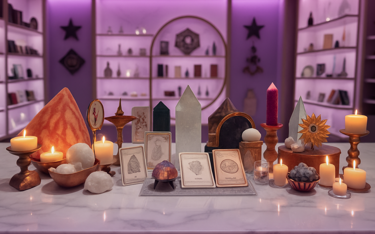 Candlelit crystal shelves in a purple spiritual shop