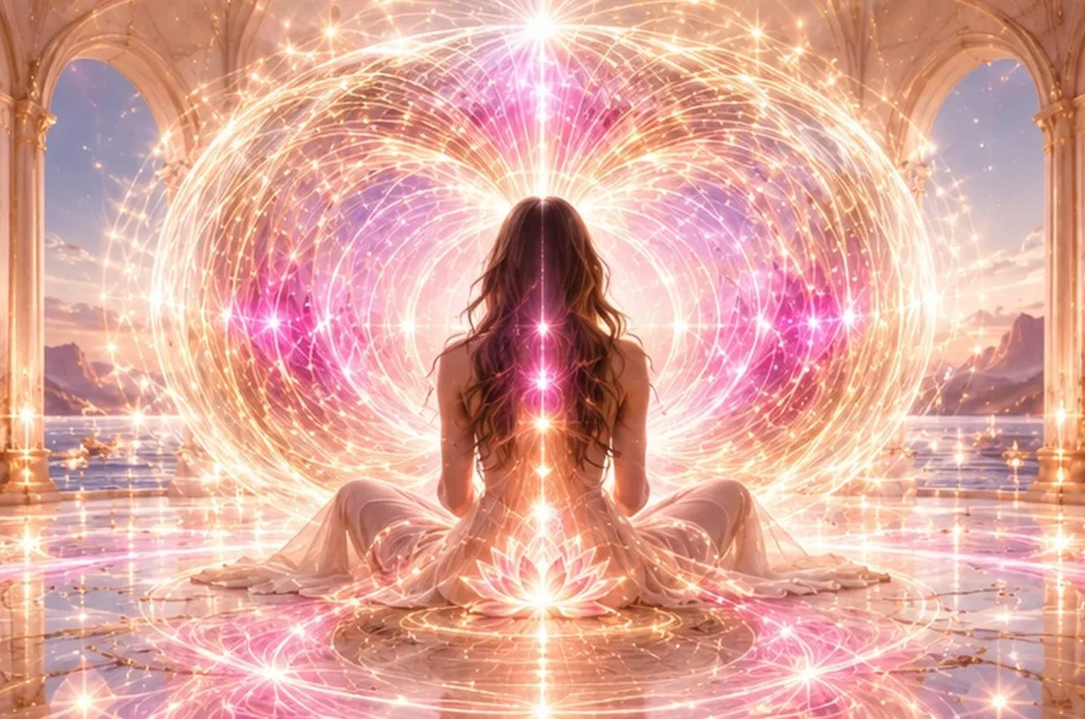 Energy Healing & Activation: woman meditating in pink healing light
