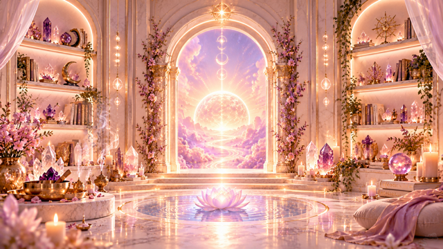 Pink celestial library with crystals and an archway of light