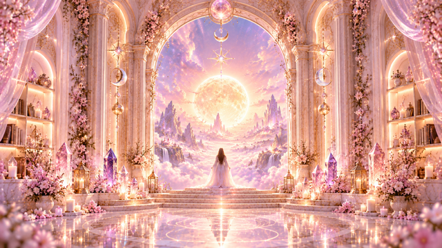 Celestial hall of pink light leading to a glowing archway