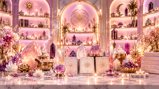 Shelves of crystals, candles and books in soft pink light